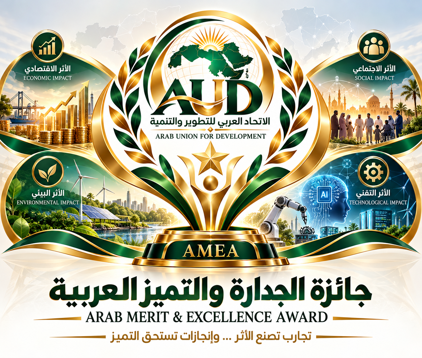 هوية جائزة الجدارة والتميز العربية مع الأبعاد التنموية الأربعة: الاقتصادي والاجتماعي والبيئي والتقني