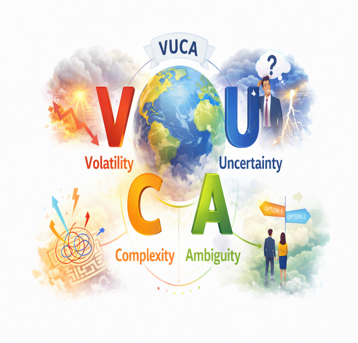 رسم توضيحي لإطار VUCA: التقلب وعدم اليقين والتعقيد والغموض