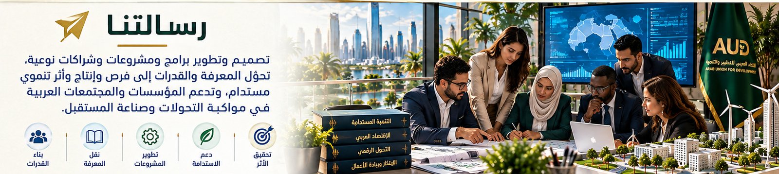 التصور البصري المطور لرسالة الاتحاد بهوية AUD: فريق عمل عربي يطور المشروعات والشراكات والفرص التنموية